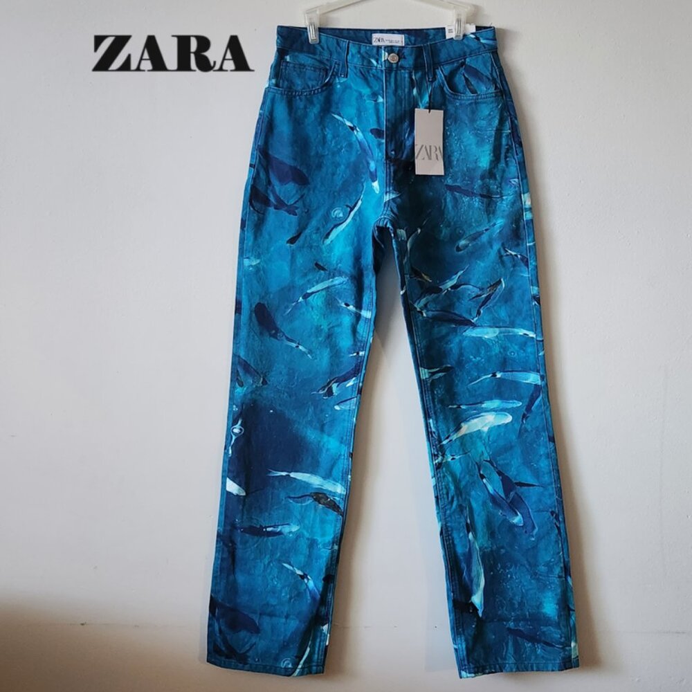 NWT Zara Blue Straight Leg Pants with Fish Pattern